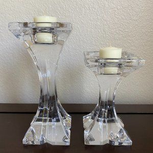 2 Pillar Clear Glass 24% Crystal Lead Candle Holders Slovenia 9" & 6" Tall